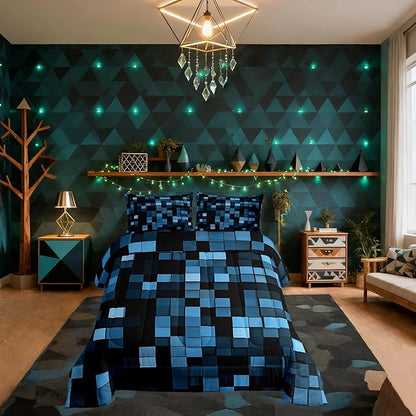 Pixelated BlocksComforter Set King Size,Patchwork Square Video Games Kids Bedding Set,Geometric Patchwork Grid Quilt Comforter,Blue Duvet Insert,2 Pillowcases