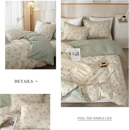 VM VOUGEMARKET Floral Bedding Twin Reversible Gray Beige Flower Duvet Cover Set,Cottagecore Duvet Cover Matching 2 Pillowcases 100% Cotton Chic Girls Bedding Set -Twin(68"x86")