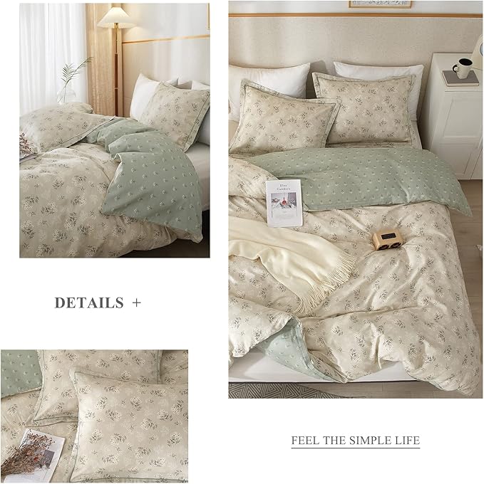 VM VOUGEMARKET Cotton Duvet Cover Set King,Grey Green Flower Duvet Cover Matching 2 Pillow Shams,Aesthetic Garden Style Bedding Set for Girls Women- 104"x90",Grey Green