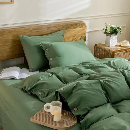 JELLYMONI Cotton Duvet Cover Twin Size - Green Comforter Cover with Button 100% Washed Cotton 2PCS Breathable Soft Solid Bedding Set Duvet Cover 68×90in & 1 Pillowcase (NO Comforter)