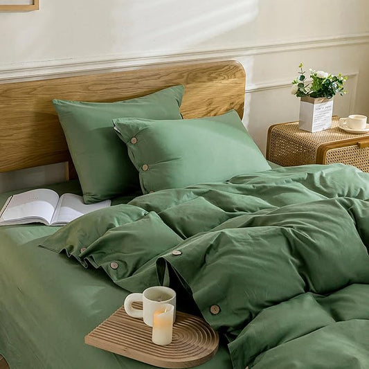 JELLYMONI Cotton Duvet Cover Oversized Queen Size - Green Comforter Cover with Button 100% Washed Cotton 3PCS Breathable Soft Solid Bedding Set Duvet Cover 98×98in & 2 Pillowcases (NO Comforter)