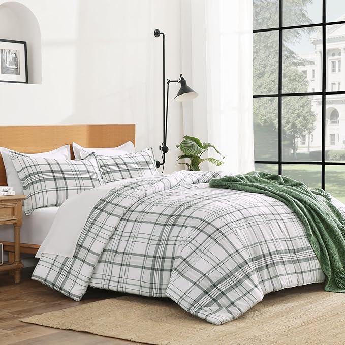Andency Green White Plaid Comforter Set Full(79x90Inch), 3 Pieces Preppy Grid Gingham Stripes Bedding Comforter Sets for Boys Girls Kids Teens, Green Line Soft Lightweight Geometric Reversible Bed Set