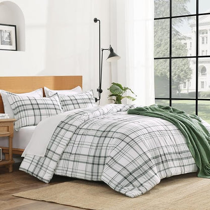Andency Green White Plaid Comforter Set Full(79x90Inch), 3 Pieces Preppy Grid Gingham Stripes Bedding Comforter Sets for Boys Girls Kids Teens, Green Line Soft Lightweight Geometric Reversible Bed Set
