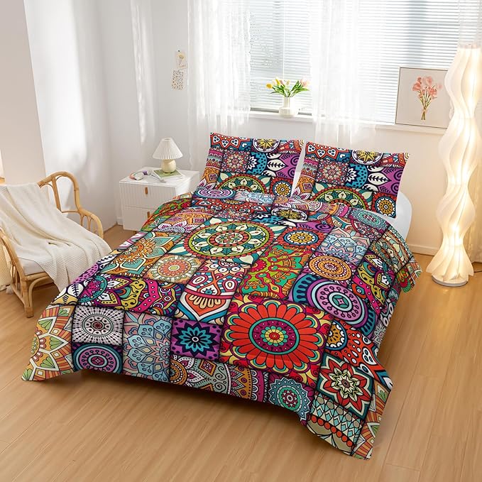 Colorful Bohemian Comforter Sets King Size,Geometry Bohemia Bedding Set for Your Room,Abstract Soft Lightweight Quilted Set All Season,1 Comforter and 2 Pillowcases