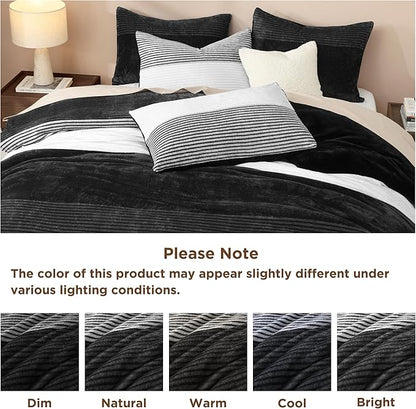 Litanika Fluffy Fleece King Size Comforter Set, Luxury Soft Plush Fuzzy Black & White Stripe Bedding Comforter Sets, Warm Shaggy Faux Fur Bed Set All Season (1 Comforter, 2 Pillowcases)