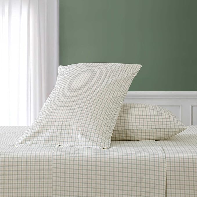 Nautica - Queen Size Sheets Set, Crisp & Tailored Coastal Bedding with a Smooth Cotton Percale, Bed Sheets with Matching Pillowcases & Fitted Sheet (Calm Seas Gingham Green)
