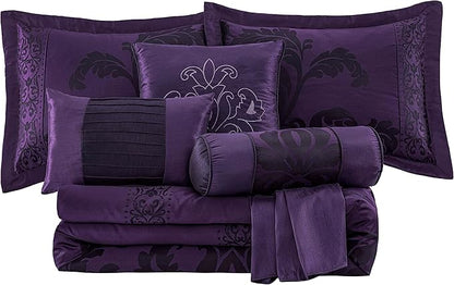 Chezmoi Collection 7-Piece Jacquard Floral Comforter Set (Queen, Purple/Dark Purple)