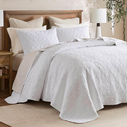 Madison Park Quebec Queen Size Quilt Bedding Set - White , Damask – 3 Piece Bedding Quilt Coverlets – Ultra Soft Microfiber Bed Quilts Quilted Coverlet