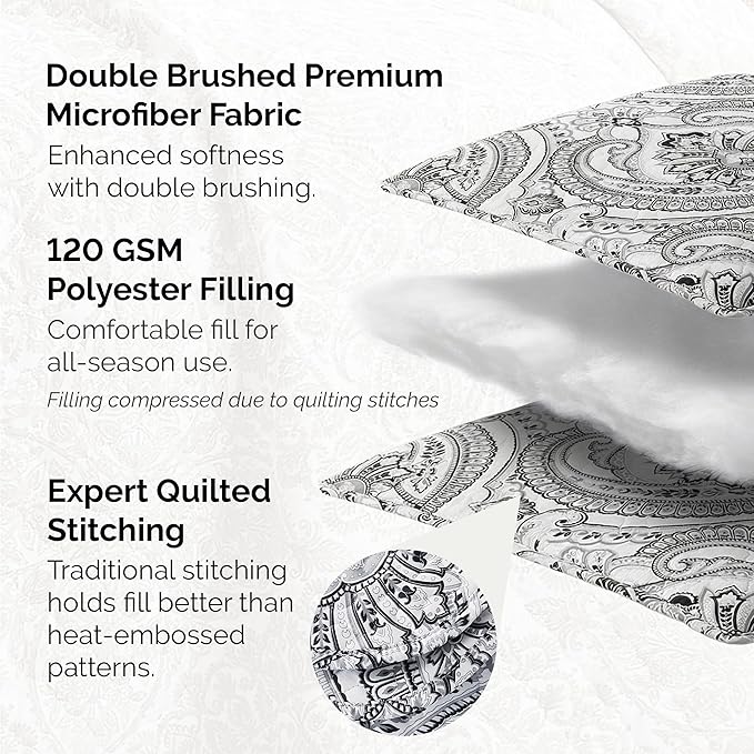 Southshore Fine Living, Inc. Paisley Quilt Bedding Set, Black Quilt Queen Size, Boho Bedspread, Farmhouse Bedding 3-Piece Set with Two Matching Quilted Pillow Shams, Full/Queen Coverlet, Black