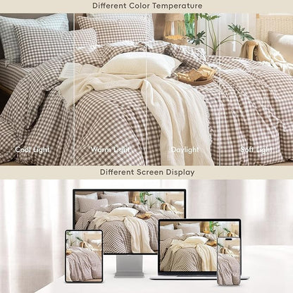 MooMee Gingham Duvet Cover Set 100% Washed Cotton Linen Like Textured Breathable Durable Soft Comfy Modern Checkered Design (Brown Gingham, Super Queen 90"x98")