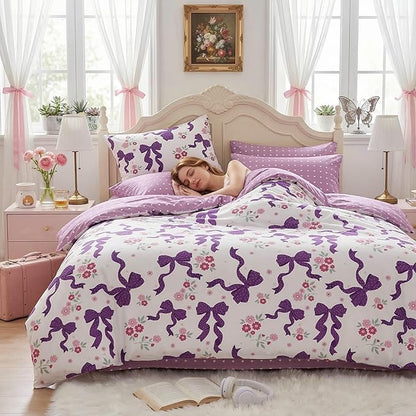 Purple Bow Comforter Set Full Size for Girls, 3Pcs Ribbon Bowknot Bedding for Kids Dreamy Priness Girly Bedroom Decor, Puple Floral Comforter Set with 2 Pillowcases, 79"x90"
