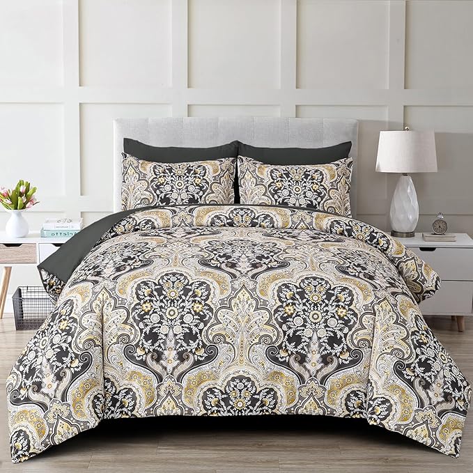 Drucon Boho Paisley Comforter Set King Size, 7 Pieces Bed in a Bag Black Gold Comforter Set, Soft Lightweight Bedding Set (1 Comforter, 1 Flat Sheet, 1 Fitted Sheet, 2 Pillow Shams, 2 Pillowcases)