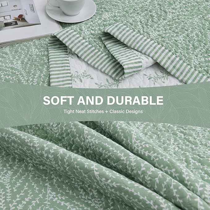 SahSahCasa Quilt Set King Size, 100% Cotton Quilt Bedding Set Bedspread, Botanical Pattern Solid Color Chic Lightweight Quilted Comforter for King Bed, White/Green, All Season, 3 Pieces