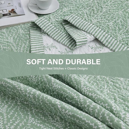 SahSahCasa Quilt Set Queen Size, 100% Cotton Quilt Bedding Set Bedspread, Botanical Pattern Solid Color Chic Lightweight Quilted Comforter for Queen Bed, White/Green, All Season, 3 Pieces