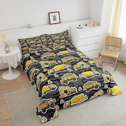 Erosebridal Excavator Comforter Set Queen Concrete Truck Pattern Bedding Set Child Teens Construction Down Comforter for Kids Boys Cartoon Toy Cars Quilt Set Bedroom Decor, Grey