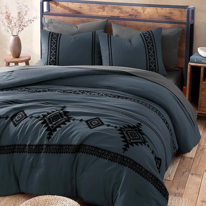 MaiRêve Oversized Queen Comforter Set Blue Grey, Embroidery Western Bedding Set Boho 7 Pieces, Farmhouse All-Season Bed in A Bag with Sheets, Pillowcases & Shams