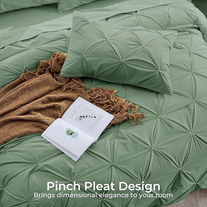 Sasttie California King Comforter Set, 7-Piece Bed in a Bag Cal King, Pintuck Bedding Set for All Season, Includes Comforter, Flat Sheet, Fitted Sheet, Pillowcases and Pillowshams, Sage Green