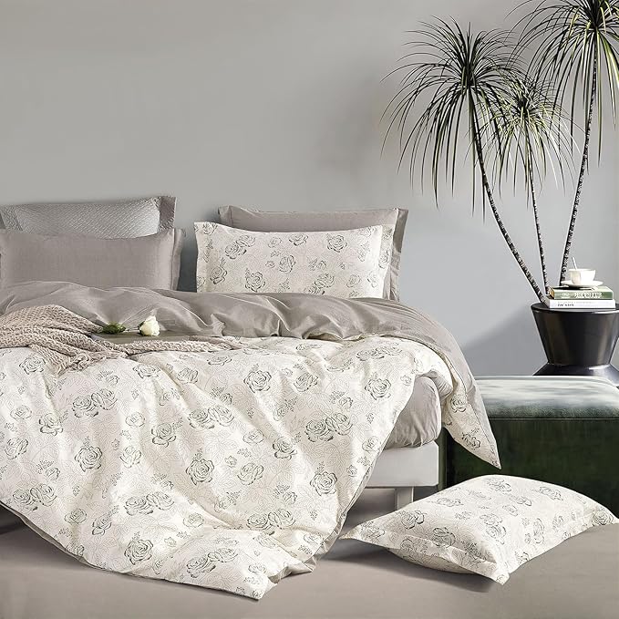 Vintage Botanical Cotton Comforter King Size 3PC - Elegant Floral Sketch on Ivory White with Tan Herringbone Reverse – Reversible Lightweight Comforter Set with Soft Fill(104"×90")