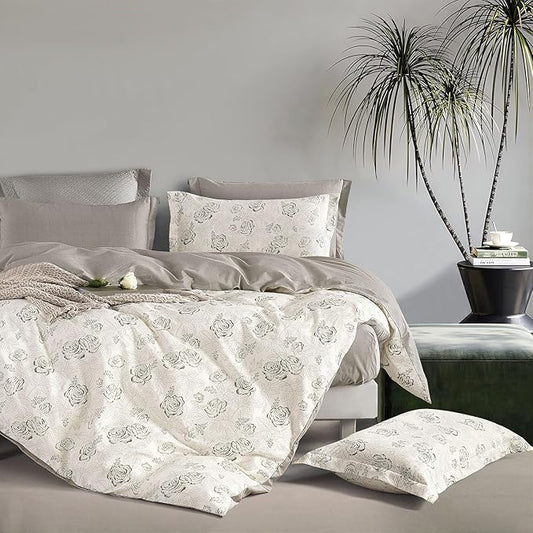 Vintage Botanical Cotton Comforter King Size 3PC - Elegant Floral Sketch on Ivory White with Tan Herringbone Reverse – Reversible Lightweight Comforter Set with Soft Fill(104"×90")