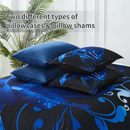 Xruibed Blue Comforter Set Queen 7 Piece Bed in a Bag Blue Rose Comforter with Sheet Set Soft Micorfiber Reversible Bedding Set (1 Comforter,2 Pillow Shams,1 Flat Sheet,1 Fitted Sheet,2 Pillowcases)