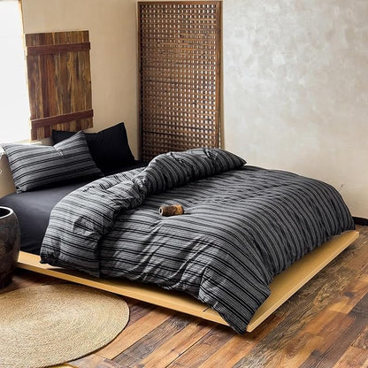 Striped Duvet Cover Queen Size Black Washed Cotton Queen Size Comforter Cover Grey Vertical Stripe Farmhouse Zipper Duvet Cover Set with Ties Soft Boho Bedding Set Minimalist Duvet Protector