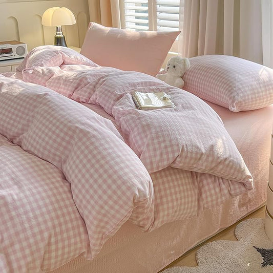 VM VOUGEMARKET Cute Pink Gingham Duvet Cover Set for Girls, Soft Washed Cotton Bedding Set with Pillowcases, Aesthetic Plaid Comforter Cover for Teen Girls, Students, Bedroom Dorm Decor, Queen Size