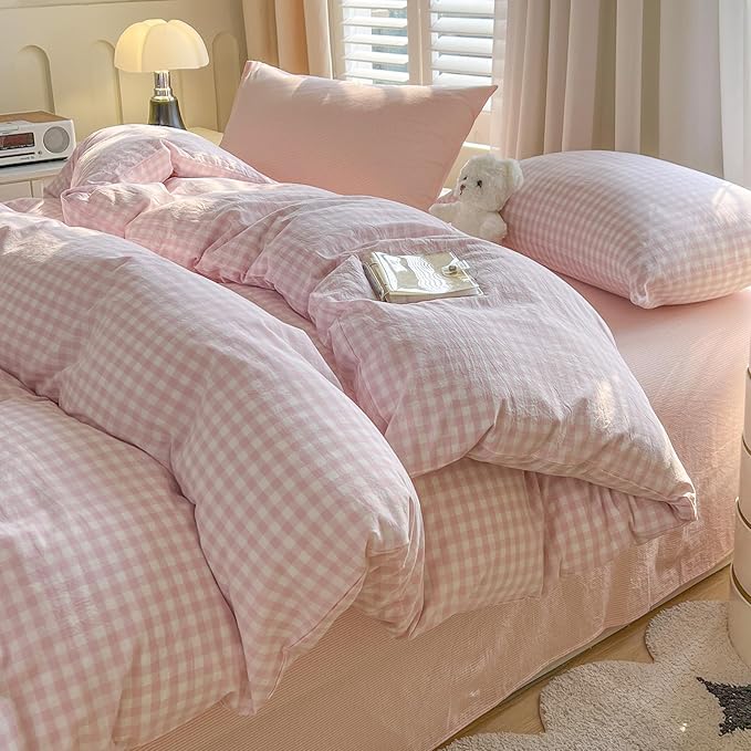 VM VOUGEMARKET Pink Gingham Comforter Set Full Pink White Plaid Checked Bedding Comforter with 2 Pillowcases Washed Cotton Modern Cozy Lightweight for Studengts Girls