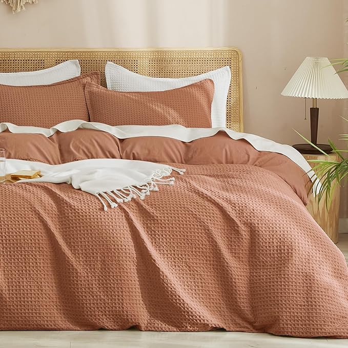 PHF Waffle Duvet Cover Set California King, No Snagging Ultra Soft Luxury Textured Breathable Comforter Cover for All Season 3pcs, Durable Bedding Duvet Set with 2 Pillow Shams, 104"x98", Terra Cotta