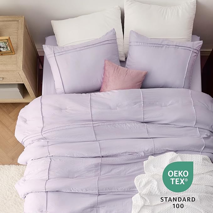 Bedsure Twin Comforter Set with Sheet - 3 Pieces Soft Lavender Purple Bedding, Grid Pinch Pleat, All Season Lightweight Fluffy Bed Set with Solid Boho Comforter, Pillowcase & Sheet