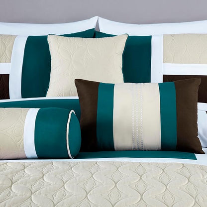 Chezmoi Collection Upland 7-Piece Quilted Patchwork Comforter Set, Teal/Beige/Brown, Full