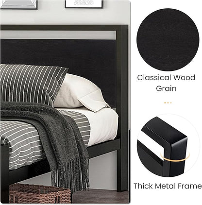 SHA CERLIN Full Size Bed Frame, Wooden Headboard and Footboard, Black Oak | Rounded Corners, 12 Metal Slats, Noise-Free Design, 12-Inch Storage, No Box Spring, 40-Minute Assembly