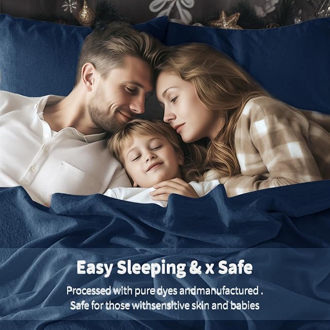 LBRO2M 100% Pure Linen Sheet Set Deep Pocket Up to 16" Bed Sheets Sets, Natural Flax Beddings Soft, Breathable, Comfortable for All Seasons 6 Pcs Sheet Set King Size, Navy Blue
