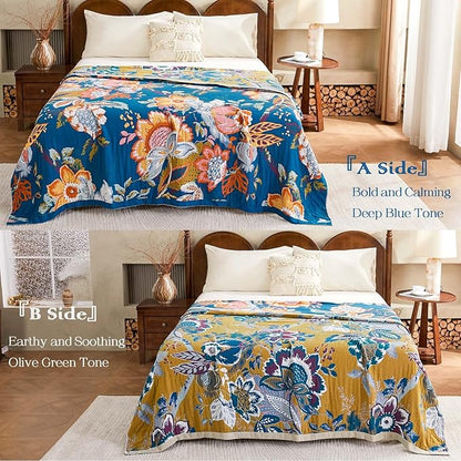 Boho Throw Blanket, Blue Lightweight Blankets for Summer, 100% Cotton Bohemian Decorative Throw Blanket, 90"x98" Reversible Muslin Breathable Woven Farmhouse Blankets Quilt,