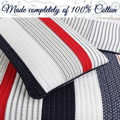 Cozy Line Home Fashions 100% Cotton Sailor Navy Blue Star Striped Reversible Bedding Quilt Set (Patriotic Stripe, Queen)