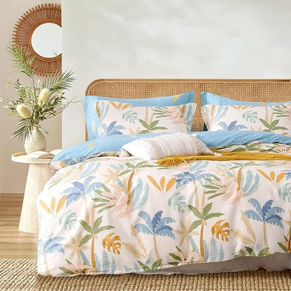 Tropical Coastal Blue Cotton Comforter King Size 3Pcs - Bright Orange, Olive Green & Beige Palm and Leaf Patterns, Botanical Lightweight Reversible Bedding Sets with Soft Fill(104"×90")