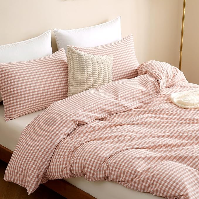 TOCOMOA Pink Tan Gingham Duvet Cover Bedding Set 100% Washed Cotton Like Linen Feel Super Soft Comfy 2 Piece Vintage Plaid Checkered Fall Comforter Cover Set (Twin 68"x90", Comforter Not Included)