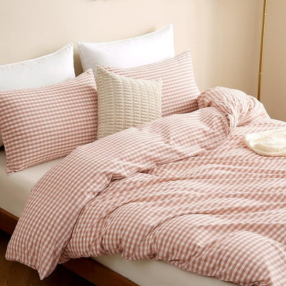 TOCOMOA Pink Tan Gingham Duvet Cover Bedding Set 100% Washed Cotton Like Linen Feel Super Soft Comfy 3 Piece Vintage Plaid Checkered Fall Comforter Cover Set (Queen 90"x90", Comforter Not Included)