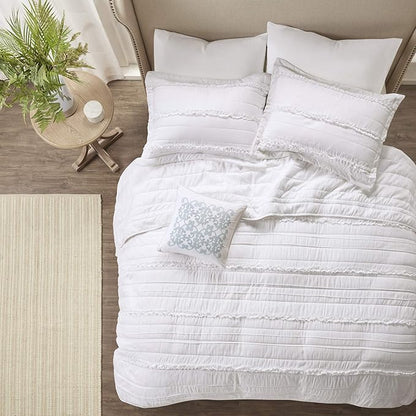Madison Park Celeste Quilt Modern Classic Design All Season, Breathable Coverlet Lightweight Bedding Set, Matching Shams, Decorative Pillow, King/Cal King(104"x94"), Ruffle White 4 Piece