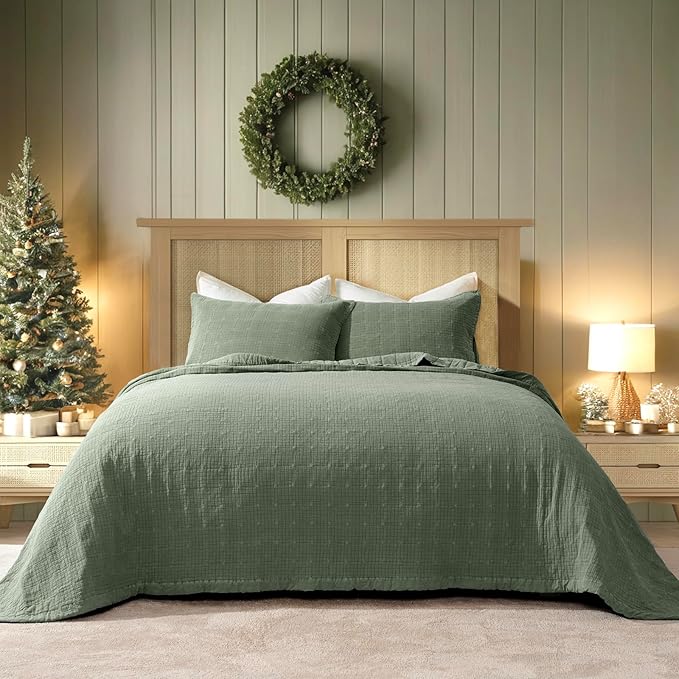 EVERGRACEHOME Stonewashed Cotton Quilt Set King Size, Ultra Soft Oversized Bedspread Coverlet Set, Lightweight Crinkle Box Stitch Bedding Sets for All Season, with 2 Shams, Olive Green