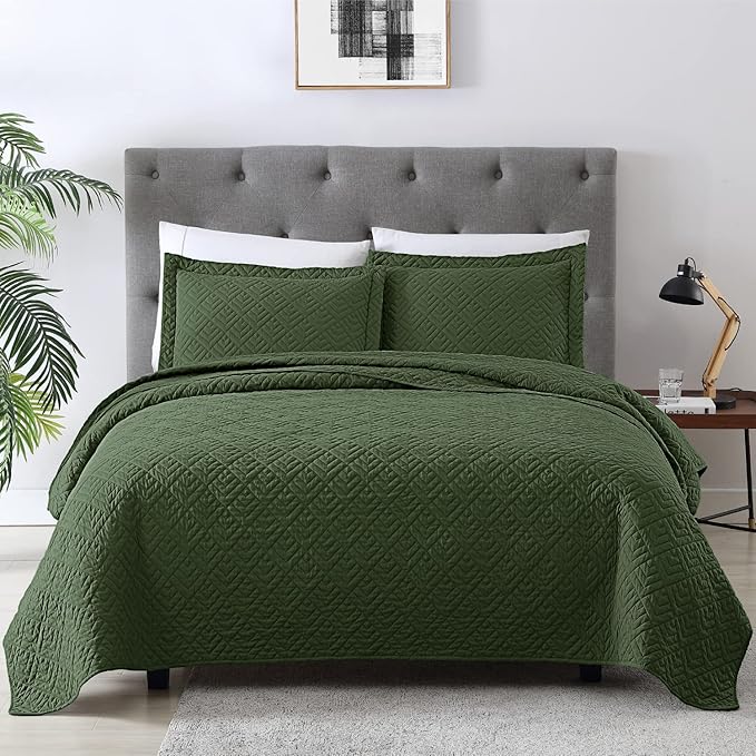 EXQ Home Quilt Set Full Quilts Queen Size Olive Green 3 Piece,Lightweight Soft Coverlet Modern Style Squares Pattern Bedspread Set(1 Quilt,2 Pillow Shams)