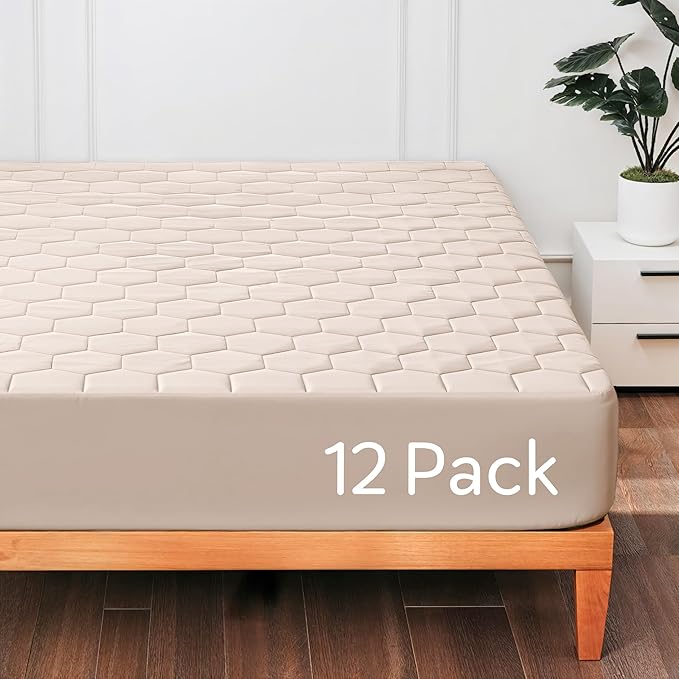Hearth & Harbor 12 Pack California King Size Quilted Fitted Mattress Pad Cover, 100% Waterproof Mattress Protectors, Deep Pocket Fitted Mattress Cover 8" - 21" (72" x 84", Beige Cream)