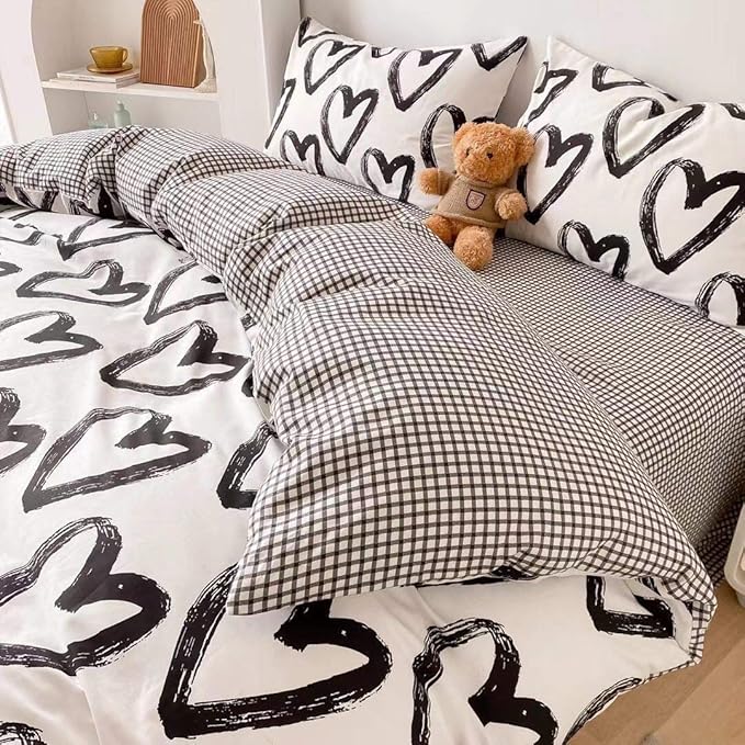 Houseri Love Comforter Set King Heart Shaped Bedding Sets White and Black Comforter for Women Men Love Heart Bedding Comforters King Size