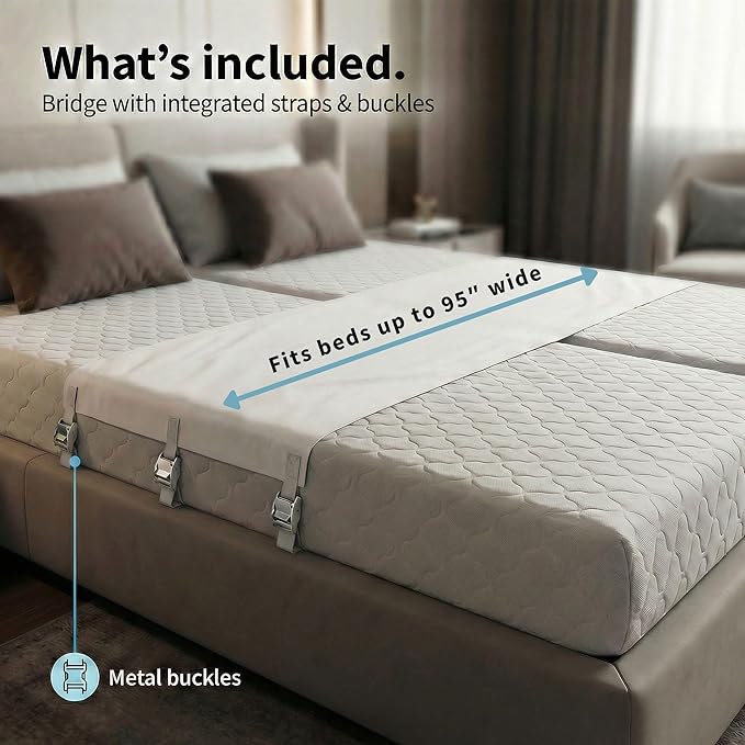 Twin to King Bed Converter | No Slipping | Innovative Solution as Bed Bridge for Couples & Families | Split King Gap Filler for Adjustable Bed, Installed in < 5 Min