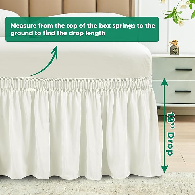 Biscaynebay Wrap Around Bed Skirts for Full & Full XL Beds 18" Long Drop, Ivory Adjustable Elastic Dust Ruffles Easy Fit Wrinkle Resistant Silky Luxurious Fabric Machine Washable
