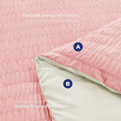 HYMOKEGE Pink/Ivory Duvet Cover Full Size, Ultra Soft 3-Piece Seersucker Duvet Cover Set with Zipper Closure, Soft Brushed Microfiber Bedding Set with 8 Corner Ties (80"x90", 2 Pillowshams)