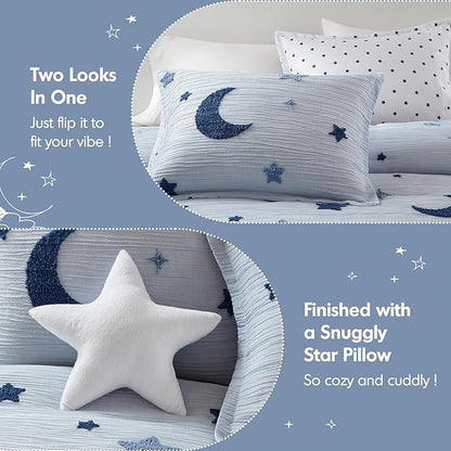 Intelligent Design Kids Cosmos Twin Size Comforter Set – Blue Star and Moon Tufted Chenille, Reversible 3-Piece Bedding with Star Pillow