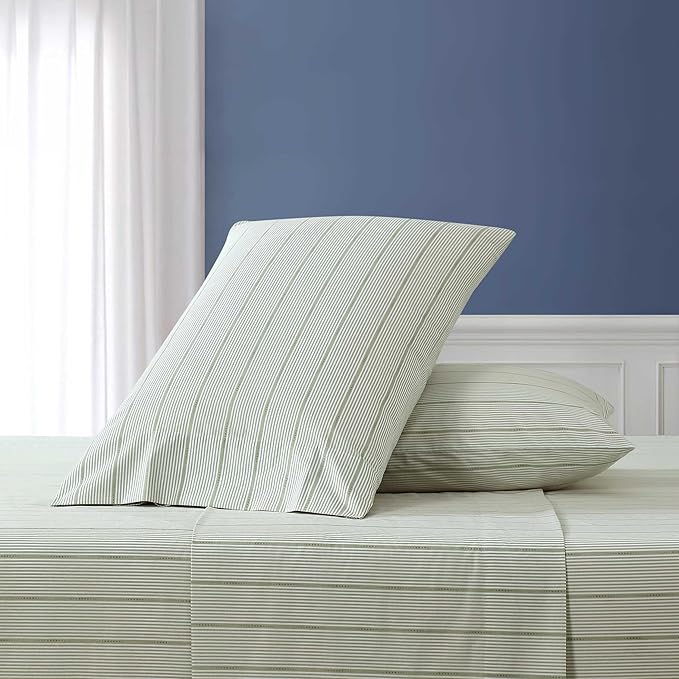 Nautica - King Size Sheets Set, Crisp & Tailored Floral Bedding with a Smooth Cotton Percale, Bed Sheets with Matching Pillowcases & Fitted Sheet (Ellipse Stripe Green)