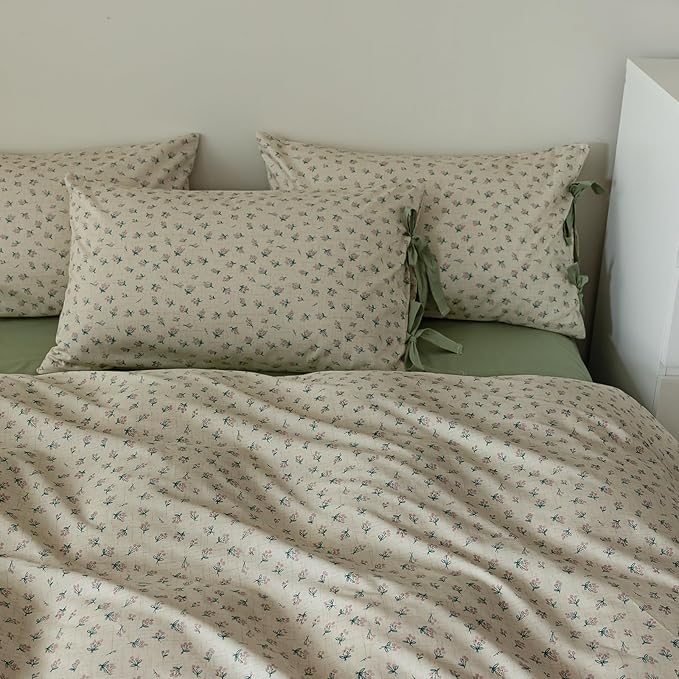 VM VOUGEMARKET Duvet Cover Set Twin 100% Cotton 3 Pcs Girls Green Floral Comforter Cover with Zipper Closure,Cottagecore Style Duvet Cover + 2 Pillowcases with Bowknot-68x86 Inch