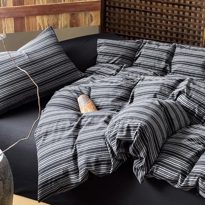 EAVD Retro Black Striped Duvet Cover Full Soft 100% Washed Cotton Reversible Striped Pattern Bedding Set with 2 Pillowcases Farmhouse Geometric Duvet Cover with Zipper Closure