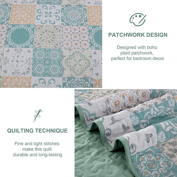 Dobuyly Patchwork Quilt Set Queen Size 3 Pieces Sage Green Yellow Boho Plaid Bedspreads, Summer Plaid Floral Coverlet Set, Soft Lightweight Microfiber Quilted Bedding Set for All Seasons 96"x90"